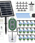 Solar Drip Irrigation System For Gardens And Balconies With 50 Feet Of Tubing Auto Watering Kit Supports Up To Fifteen Pots Indoor Outdoor Irrigation Vacation Free Plant Care With Simple Set It And Forget It Two Dial Controls shown with parts including solar panel, tubing, and drippers.