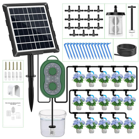 Solar Drip Irrigation System For Gardens And Balconies With 50 Feet Of Tubing Auto Watering Kit Supports Up To Fifteen Pots Indoor Outdoor Irrigation Vacation Free Plant Care With Simple Set It And Forget It Two Dial Controls shown with parts including solar panel, tubing, and drippers.