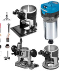 Built Like A Tank Compact Router With Fixed Plunge And Tilt Bases, 1.25 HP Workhorse Woodworking Tool, accessories include collets and wrenches.