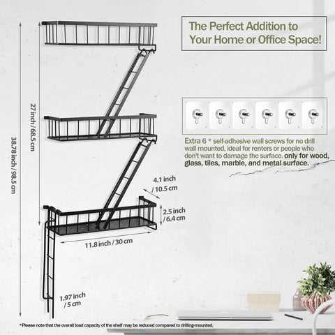 Built Tight Three Tier Fire Escape Wall Shelf In Matte Black For Bedroom Living Room Or Dorm Decor Heavy Duty Ladder Shelf With Thickened Steel Edges For Cozy Home Storage And Display Real Deal Quality - 27 inch high design with ladder appearance.