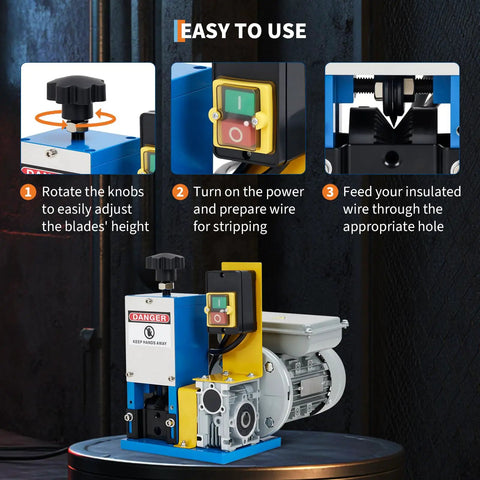 Electric Wire Stripper Machine For 1.5 To 25 Mm Cables, showing control knob, power switch, and feeding hole.