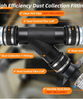 Heavy Duty Four Inch Dust Collection Kit With Y Splitter Hose Connector and Blast Gate Valve showing dust collection fittings and flex cuffs.
