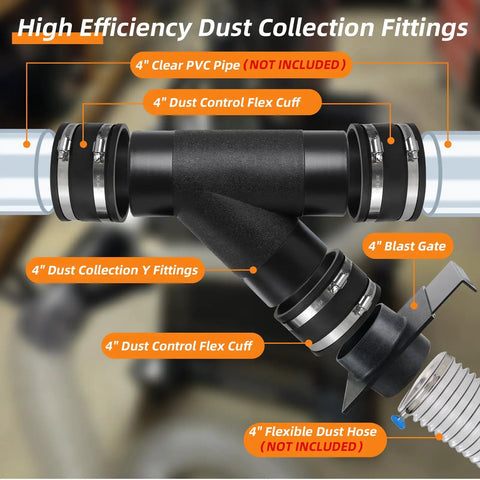Heavy Duty Four Inch Dust Collection Kit With Y Splitter Hose Connector and Blast Gate Valve showing dust collection fittings and flex cuffs.