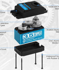 Exploded view of Beefy 35Kg Torque RC Servo with waterproof digital full metal gear steering showing components and labels.