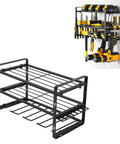 Heavy Duty Wall Mounted Drill Rack Black Steel Tool Holder Featuring 150 Pound Load Rating Quick Screw Assembly System For Garages And Shops from side angle.