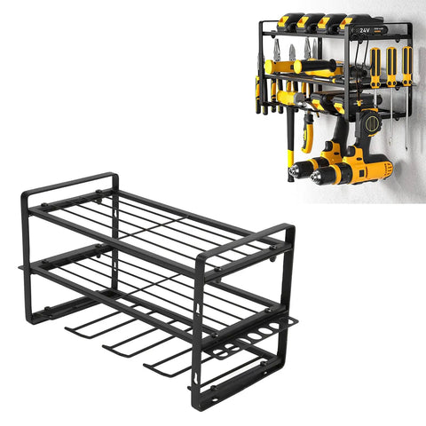 Heavy Duty Wall Mounted Drill Rack Black Steel Tool Holder Featuring 150 Pound Load Rating Quick Screw Assembly System For Garages And Shops from side angle.