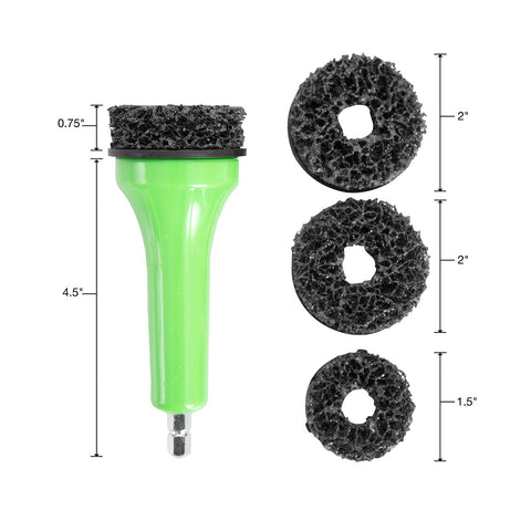 Drill Powered Brake Hub Resurfacing Tool with Pads for Cars Trucks and SUVs, includes green handle and three black pads.