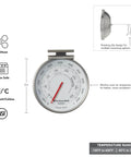 Close-up of dial oven thermometer with rotating clip, showing temperature range 100°F to 600°F, designed for precise baking results.