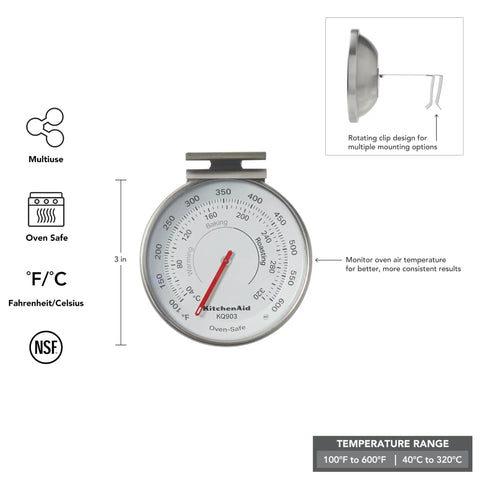 Close-up of dial oven thermometer with rotating clip, showing temperature range 100°F to 600°F, designed for precise baking results.