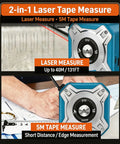 Hella Reliable Zero Hassle Two In One Laser Tape Measure With 131 Foot Laser Distance Meter And 16 Foot Retractable Steel Measuring Tape USB C Rechargeable Backlit LCD Display For Fast Work showing laser measure features.