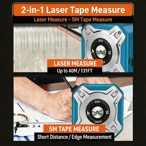 Hella Reliable Zero Hassle Two In One Laser Tape Measure With 131 Foot Laser Distance Meter And 16 Foot Retractable Steel Measuring Tape USB C Rechargeable Backlit LCD Display For Fast Work showing laser measure features.