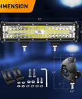 12 Inch 300W Triple Row LED Light Bar Off Road Ready With Spot Flood Combo Beam, Heavy Duty Aluminum Mounting Bracket, Horizontal Bar Tube Clamp, Wiring Harness Included For Truck ATV UTV Golf Cart, Built To Last, 2 Years Warranty dimensions view
