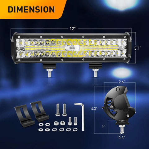 12 Inch 300W Triple Row LED Light Bar Off Road Ready With Spot Flood Combo Beam, Heavy Duty Aluminum Mounting Bracket, Horizontal Bar Tube Clamp, Wiring Harness Included For Truck ATV UTV Golf Cart, Built To Last, 2 Years Warranty dimensions view