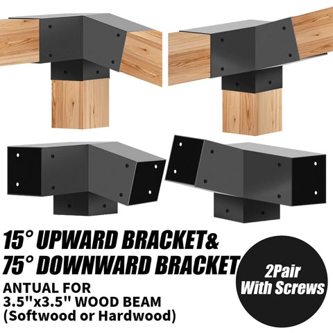 Heavy-Duty 3-Way Pergola Bracket Kit For Wood Beams In Outdoor Gazebos And Patios, 15 Degree And 75 Degree Right Angle Corner Supports, 4x4 Posts Actual 3.5x3.5 Inches, Weatherproof Steel, 4 Pack