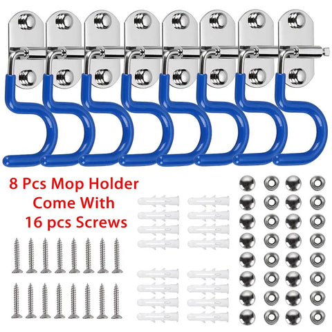 Eight Piece Wall Mounted Mop Broom Holder Organizer Set With Stainless Steel Heavy Duty Racks For Kitchen And Garage Space Saver Cleaning Tools Hanger Easy Install With Two Screws Included shown with blue hooks and screws.
