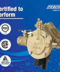 Industrial Grade Lead-Free Bronze Y Pattern Rpz Backflow Preventer With Built-In Flood Sensor showing certification logos on blue background.