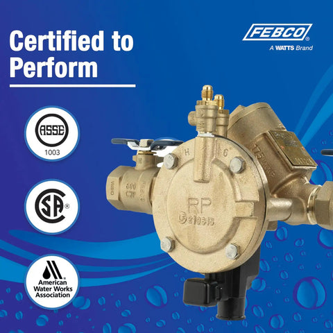 Industrial Grade Lead-Free Bronze Y Pattern Rpz Backflow Preventer With Built-In Flood Sensor showing certification logos on blue background.