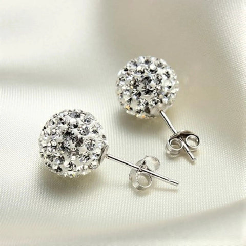Sterling Silver 925 Pave Crystal CZ Diamond Stud Earrings For Women Sparkling Shamballa Ball Studs 6mm, pair on satin