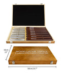 8 Piece M2 HSS Wood Lathe Chisel Set with long handles in wooden box, includes roughing gouge, spindle gouge, bowl gouge, and more.