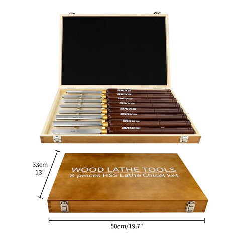 8 Piece M2 HSS Wood Lathe Chisel Set with long handles in wooden box, includes roughing gouge, spindle gouge, bowl gouge, and more.