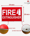 Heavy Duty Aluminum Fire Extinguisher Sign With Quick Install And Pre Drilled Holes, No Fuss High Visibility Reflective Fire Safety Sign 14 x 10 Inches, UV Resistant, Waterproof, Industrial Grade For Business with measurements and material details.
