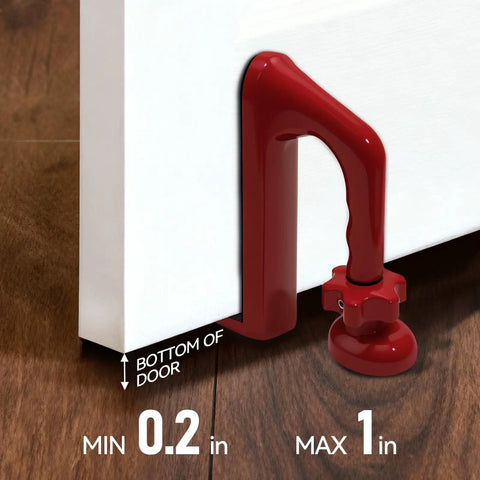 Red Aluminum Alloy Portable Door Stopper With Diamond Anti Slip Base For Travel And Apartment Living Easy To Use Security Device That Locks Down Unauthorized Entry And Pry Attempts blocking door gap 0.2 to 1 inch.