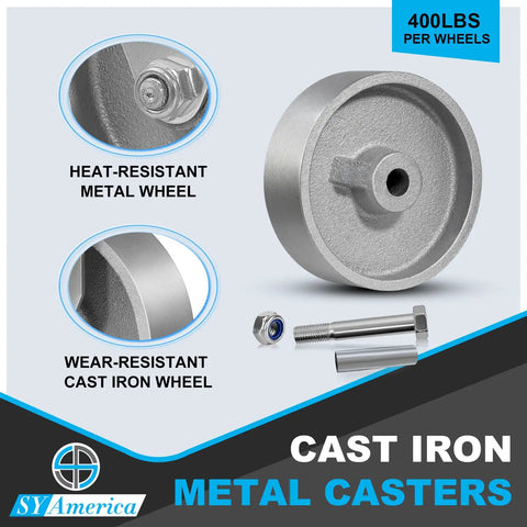 4 Inch Heavy Duty Casters Set Of 4 With Swivel Brake Wheels, Badass Cast Iron Semi Steel Industrial Hardware, close-up of metal wheel and hardware.