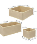 6 Piece Underwear Drawer Organizer Set Features Fold Flat Storage Bins showing beige fabric bins, sizes, and dimensions for closet use.
