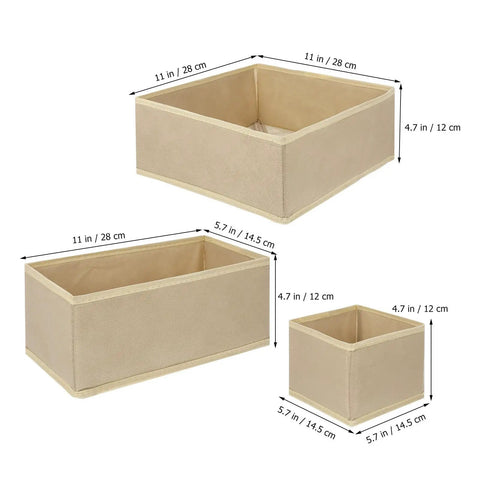 6 Piece Underwear Drawer Organizer Set Features Fold Flat Storage Bins showing beige fabric bins, sizes, and dimensions for closet use.
