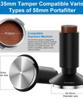 Hella Precise 2 In 1 Espresso Tamper And Wdt Tool With Spring Loaded Calibration For 58 Millimeter Baskets, detailed view of tamper and portafilter.