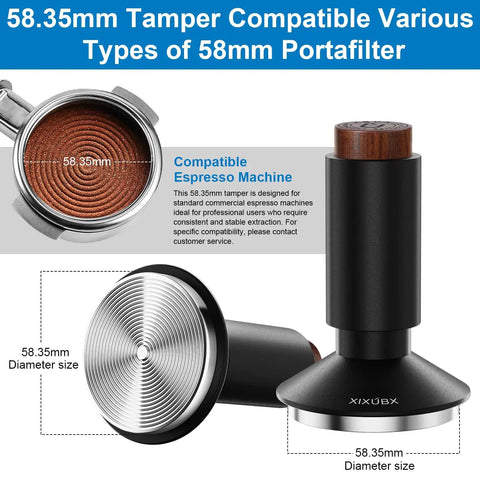 Hella Precise 2 In 1 Espresso Tamper And Wdt Tool With Spring Loaded Calibration For 58 Millimeter Baskets, detailed view of tamper and portafilter.