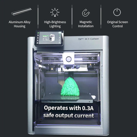 Upgrade LED Light Strip Kit For Bambu Lab X1 Series 3D Printers X1C X1E installed on X1 Carbon printer with screen and green print