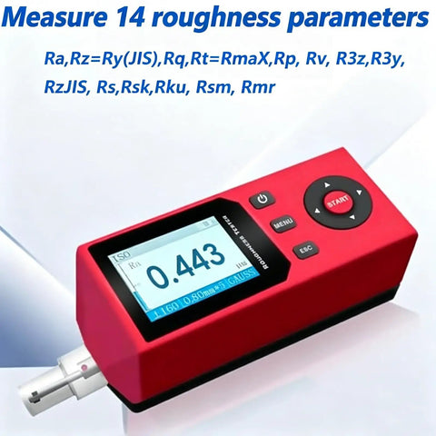Handheld Surface Roughness Tester For Metal Machining And Quality Control, pro grade red unit showing 0.443 on LCD