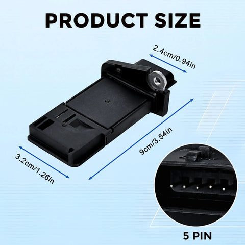 Mass Air Flow Sensor MAF for Nissan 350Z 370Z Altima Frontier Murano Xterra Infiniti G35 G37 size and 5-pin connector view