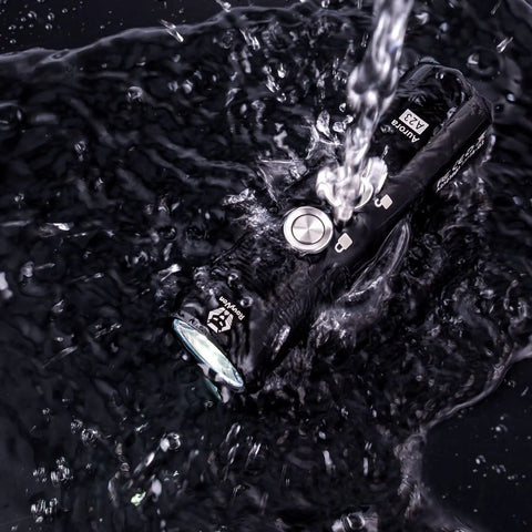 Aurora A23 Tiny Keychain Flashlight That Delivers 1000 Lumens USB C Rechargeable submerged in water showing IPX8 feature