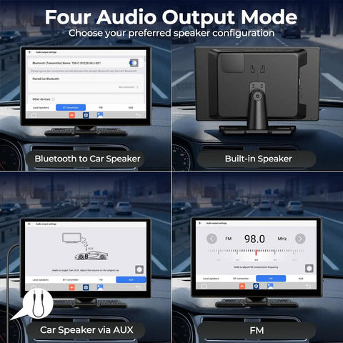 9 Inch Wireless Apple CarPlay Screen With Backup Camera And Built In Netflix YouTube And TikTok showing four audio output modes