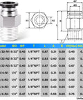 Diagram and dimensions of straight push to connect pneumatic fittings for one quarter inch tube outer diameter to NPT thread male.