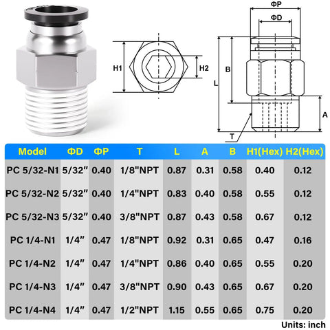 Diagram and dimensions of straight push to connect pneumatic fittings for one quarter inch tube outer diameter to NPT thread male.
