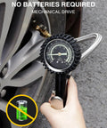Heavy Duty Tire Pressure Gauge With Large Glow Dial And Steel Braided Hose Reaching Two Hundred Thirty Psi Via Quick Connect Coupler For Trucks Cars Rv And Bikes Yields Bang On Readings To Save Gas And Cut The Hassle, measuring tire pressure.
