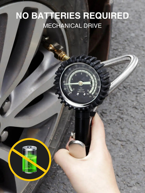 Heavy Duty Tire Pressure Gauge With Large Glow Dial And Steel Braided Hose Reaching Two Hundred Thirty Psi Via Quick Connect Coupler For Trucks Cars Rv And Bikes Yields Bang On Readings To Save Gas And Cut The Hassle, measuring tire pressure.