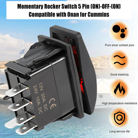 5 Pin On Off On Remote Start Rocker Switch for Onan Cummins Generator with silver contact, lighted indicator, panel mount design