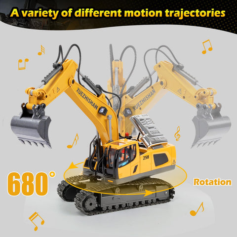 Front view of a yellow remote-control excavator toy with 680° rotation, black tracks and a gray digging bucket.