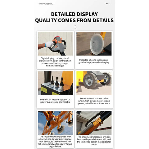 Pro Grade Hydraulic Mobile Vacuum Glass Lifter detailed features, including digital display and suction cup, used in construction.