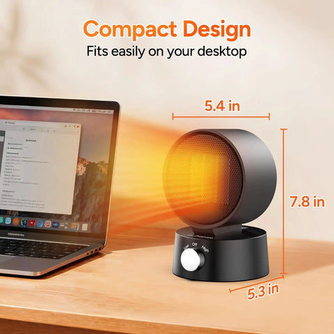 Compact 600W Desk Heater With Ceramic Core emitting warm glow next to laptop, showing dimensions of 5.4 in D, 5.3 in W, 7.8 in H.