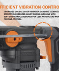 Heavy Duty Variable Speed Rotary Hammer Drill with reduced vibration system, close-up of handle featuring grip design