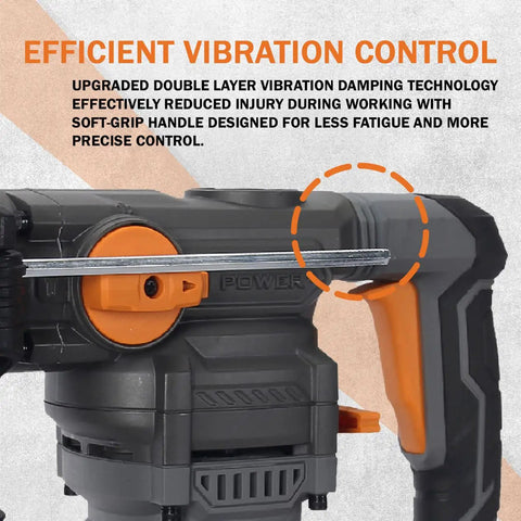 Heavy Duty Variable Speed Rotary Hammer Drill with reduced vibration system, close-up of handle featuring grip design