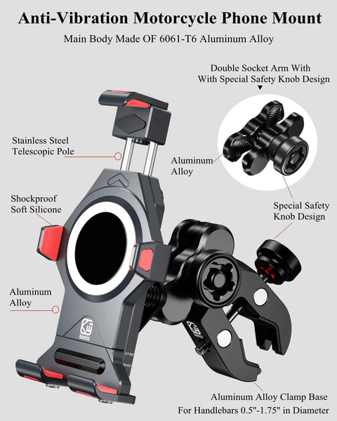 Heavy Duty Motorcycle Phone Mount With Silent Vibration Dampener And Lockdown Anti Theft Safety Knob For Cruiser And Sportbike Grips made from 6061 alloy.