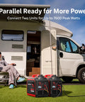Gas Powered Portable Inverter Generator 3800W Quiet Run With CO Sensor ECO Mode beside camper with woman relaxing.