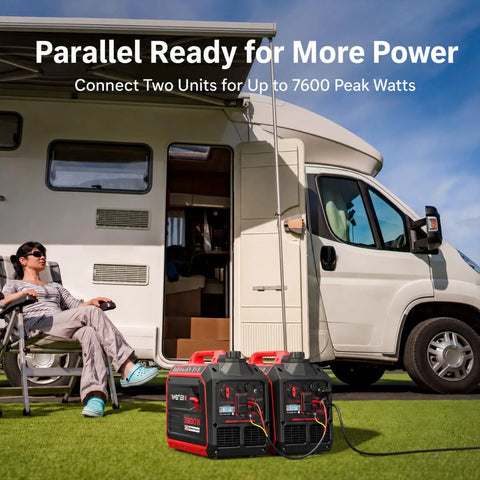 Gas Powered Portable Inverter Generator 3800W Quiet Run With CO Sensor ECO Mode beside camper with woman relaxing.