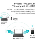 Diagram showcasing AC1300 USB WiFi Adapter Archer T3U with MU-MIMO router for enhanced data streams and wireless efficiency.
